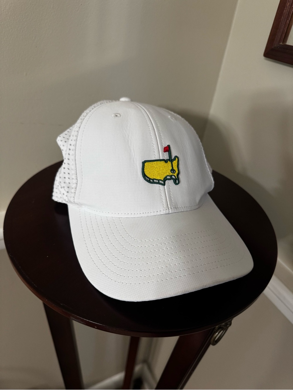 Masters White Golf Cap with Yellow Green Logo and Red Flag